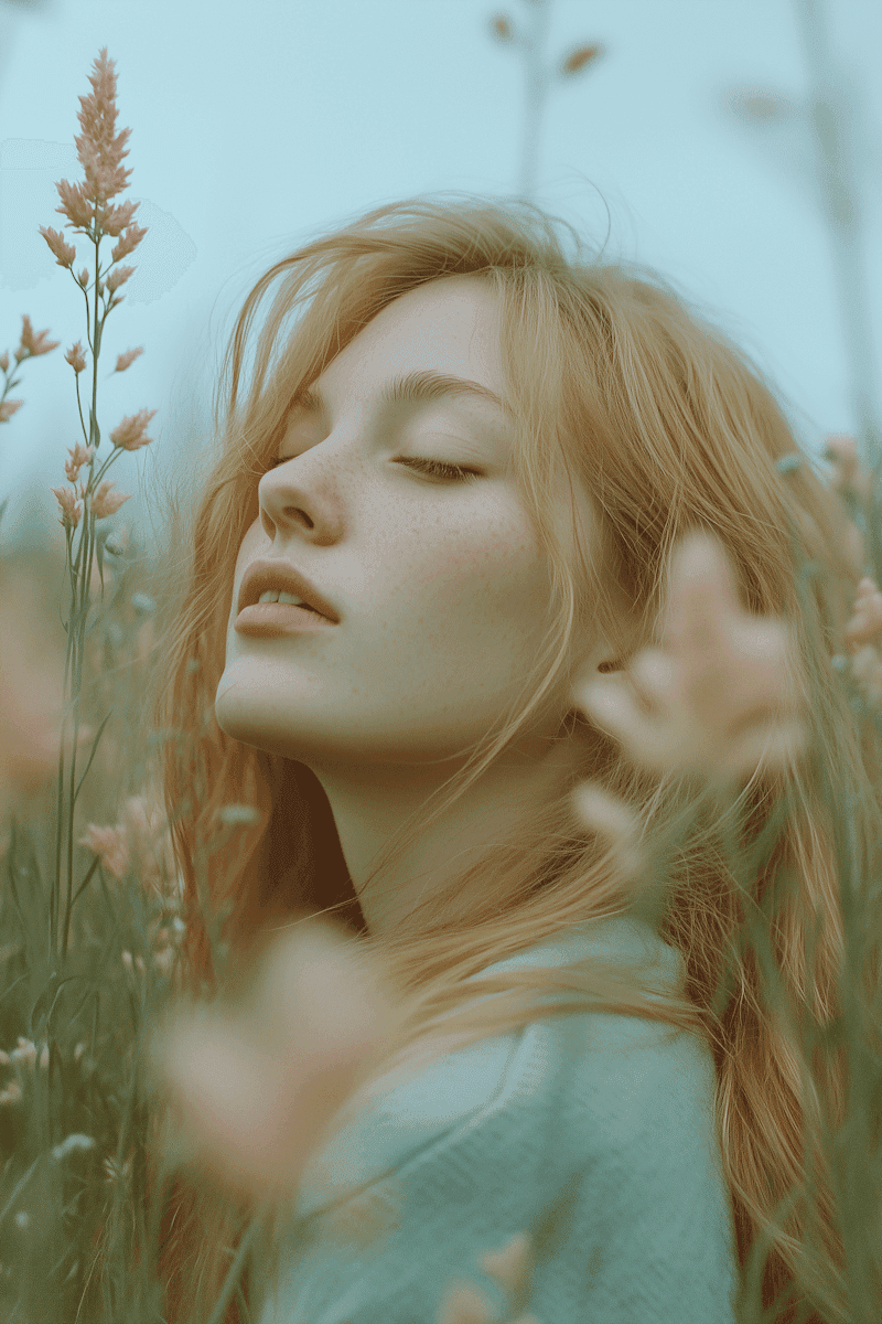 A beautiful woman with curly brown hair and striking blue eyes, framed by lush green leaves and wearing a yellow shirt.