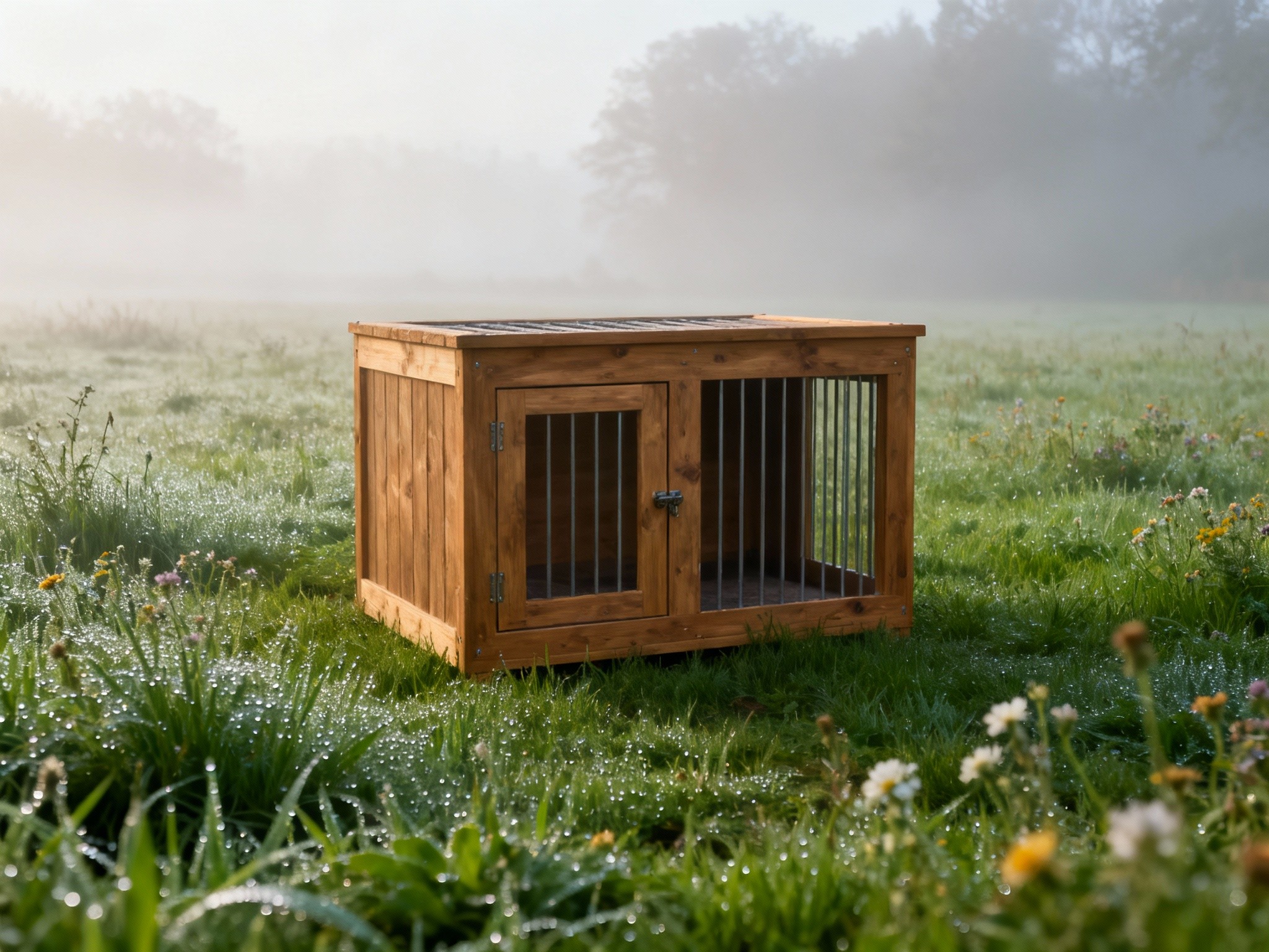 An outdoor park setting at early morning mist, framed in a composition showing a sturdy wooden dog