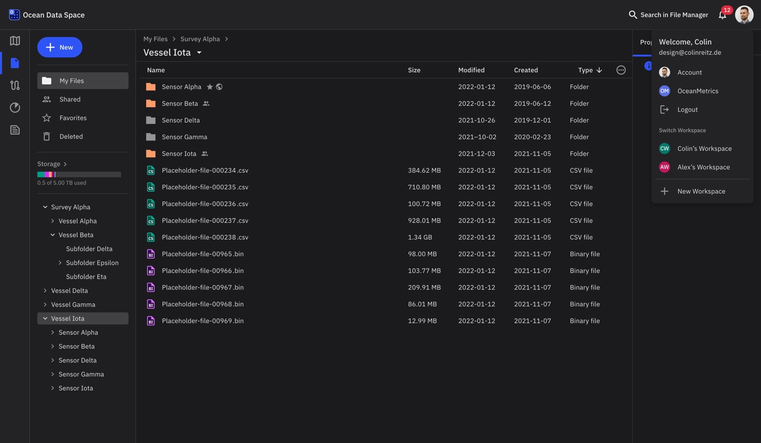 TrueOcean Marine Data Platform user menu on desktop