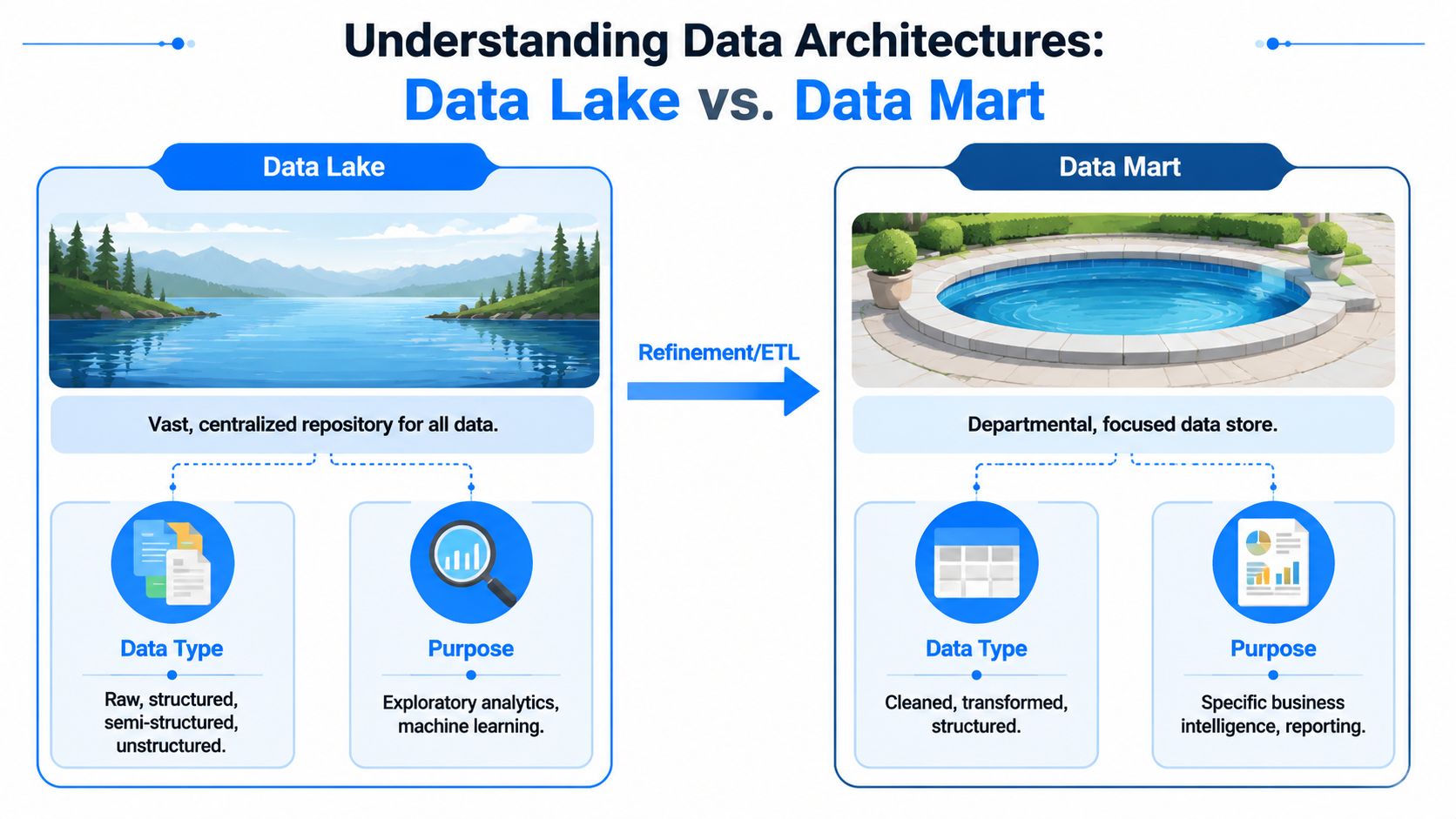A diagram comparing a Data Lake and a Data Mart with key characteristics and purposes explained.