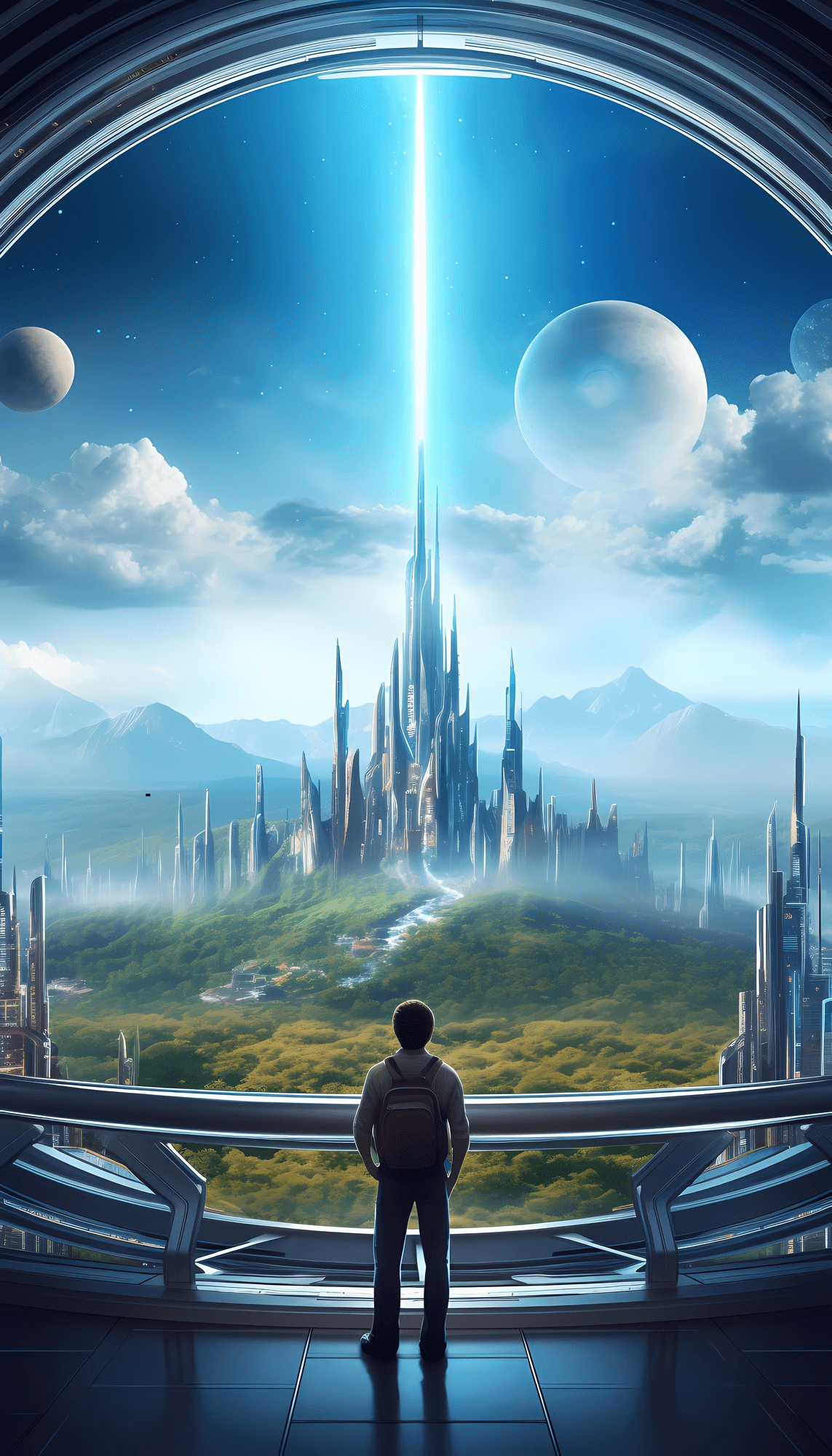 A person looking out a large window at a futuristic city shooting a beam of light into the sky