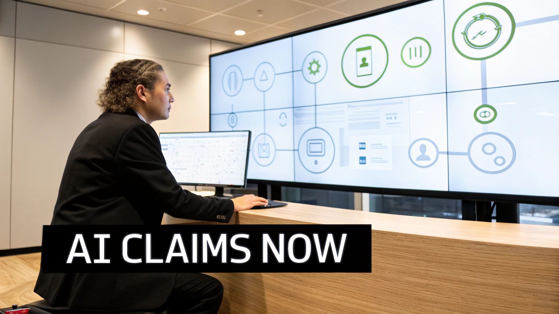 Professional working on a computer in a modern office, analyzing data on large AI-related screens.