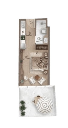 Floor plan of a studio  in azure Lapis, showcasing room layout and dimensions.