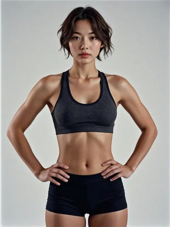 muscular woman in tank and shorts, standing firm