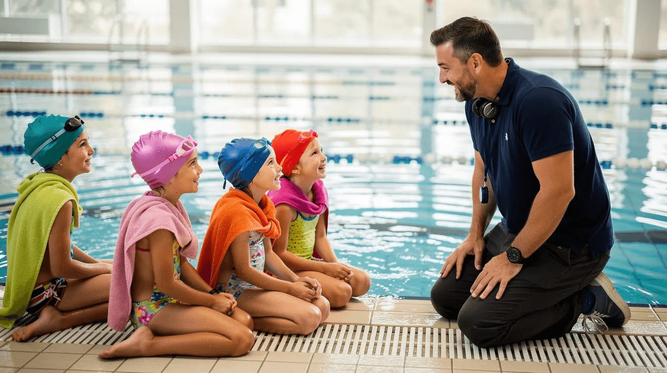 A swim coach is engaging with a group of children at the side of a pool after a lesson, discussing swimming skills and techniques to build their water confidence. The relaxed atmosphere emphasizes the fun and valuable life skills gained through swimming lessons at the swimming club.