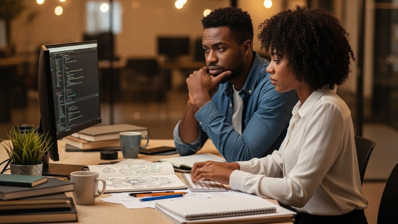 Man and woman staring at a computer