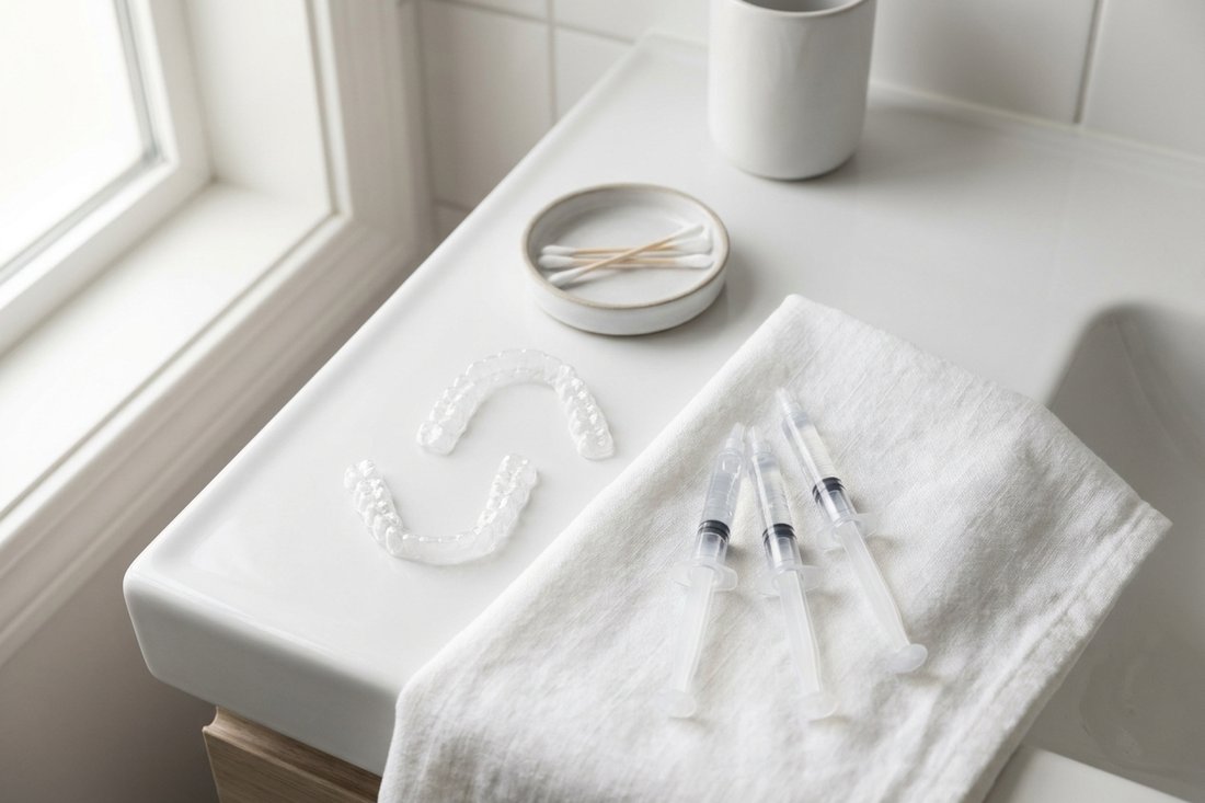 At-home teeth whitening kit with custom trays and gel on a clean counter