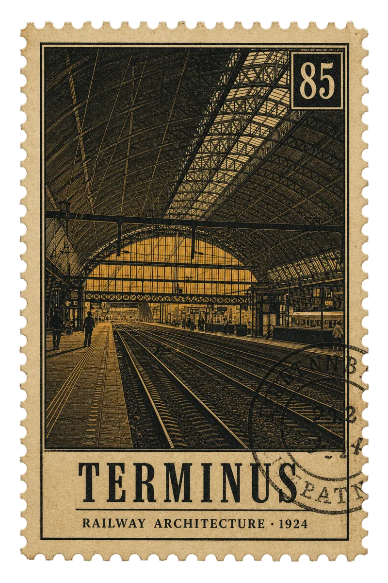 Vintage postage stamp of a railway terminus station