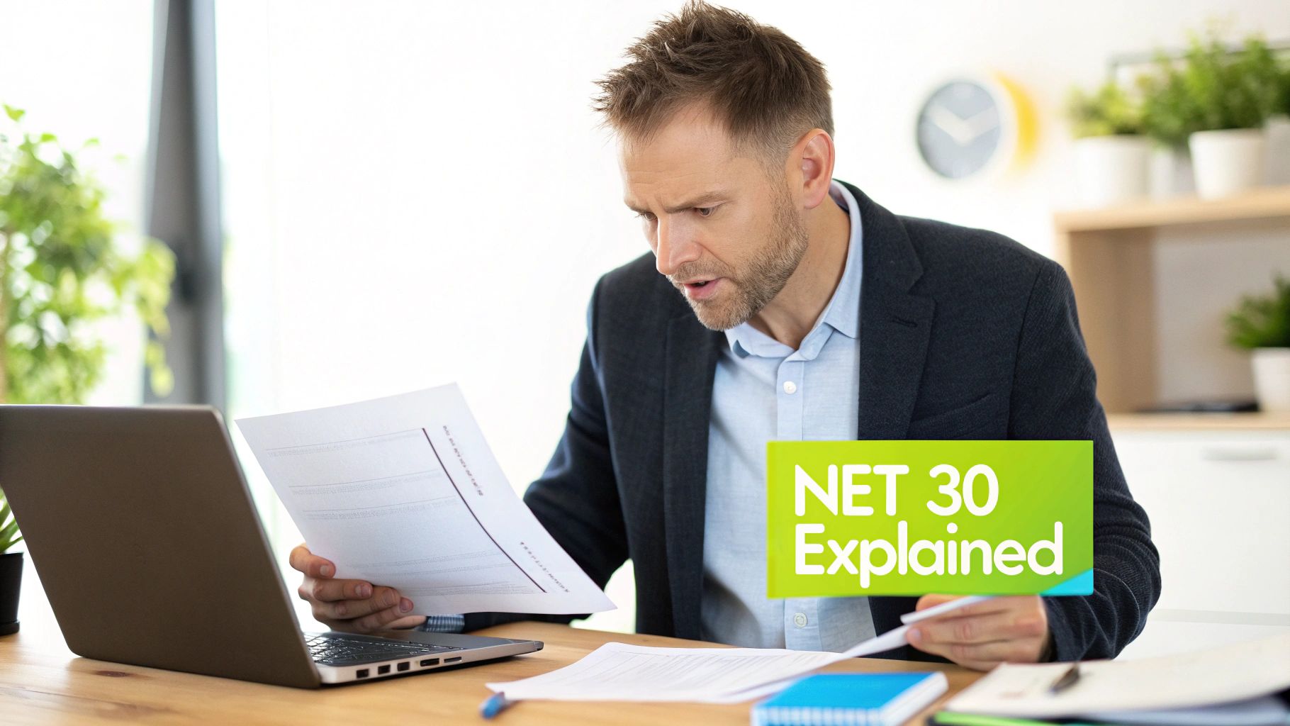 A man intently reviewing documents at a desk with a laptop and a 'NET 30 Explained' graphic.