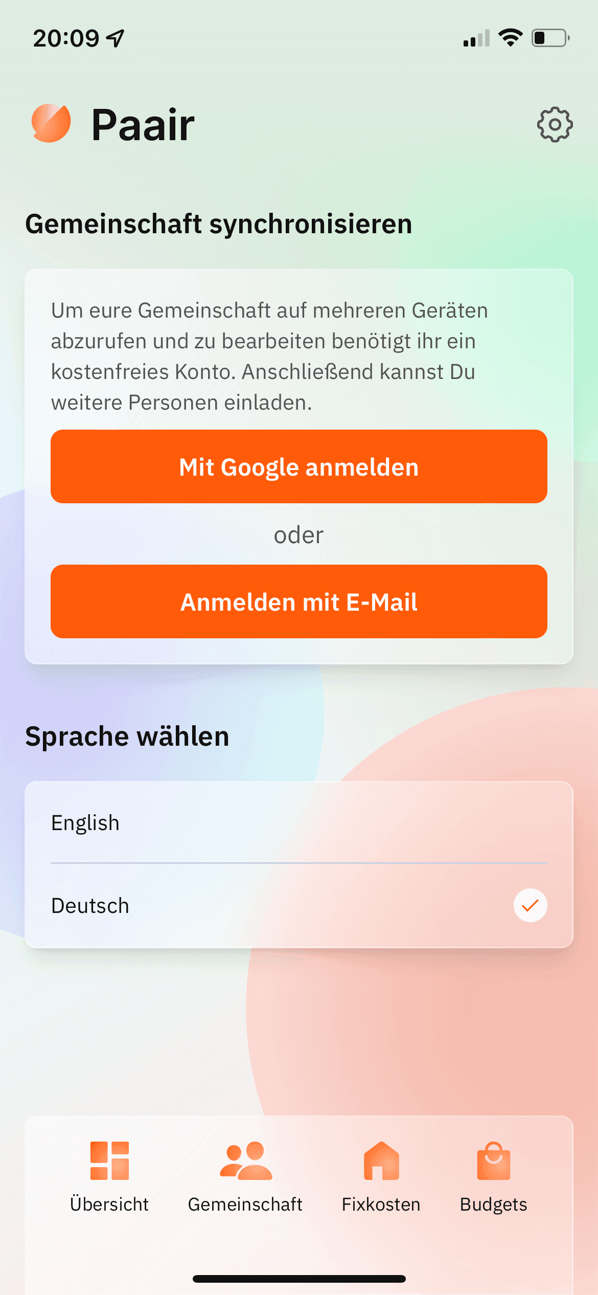 Paair Screenshot: Settings, sign in and change language