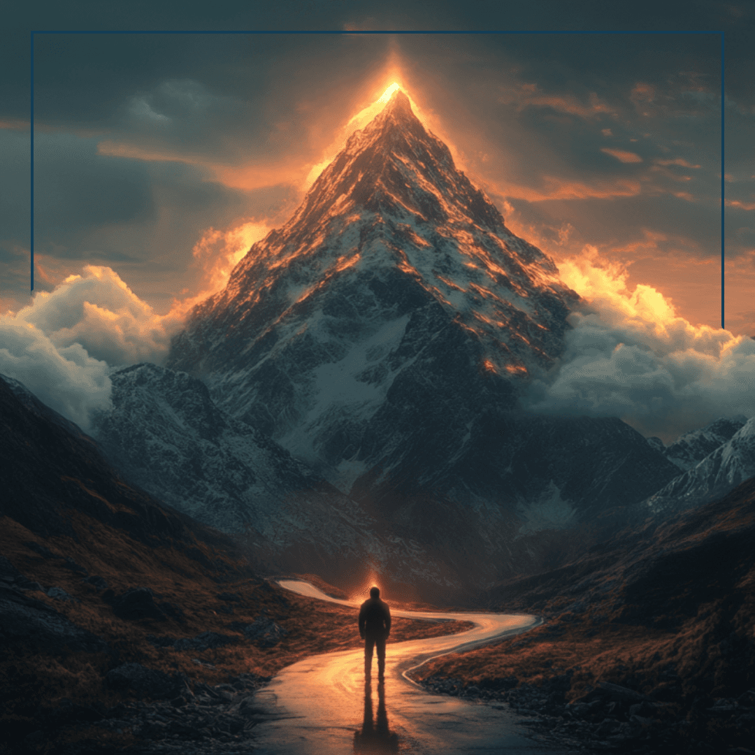 Ein Mensch vor einer geschlungenen Straße die zu einem mächtigen Berg führt, dessen Spitze von hinten beleuchtet wird.