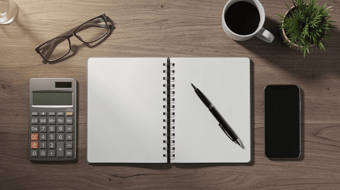 The image features a neatly arranged wooden desk with a notebook, pen, and calculator alongside simple household objects, symbolizing the decision making process involved in managing personal finances and making informed financial decisions. This setup encourages individuals to feel confident as they assess their financial goals and develop a decision making framework for their money story.