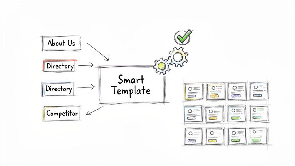 Diagram showing 'About Us', 'Directory', 'Competitor' inputs feeding into a 'Smart Template' to generate diverse layouts.