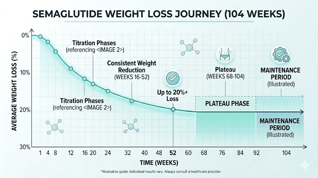 Semaglutide long-term weight loss trajectory showing plateau and maintenance through two years
