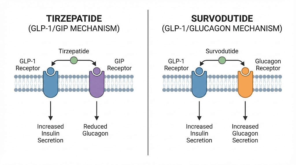 Survodutide vs tirzepatide mechanism of action comparison showing different secondary receptor targets