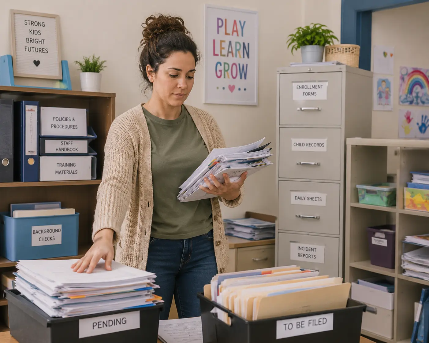 a woman handles a lot of paperwork in her office