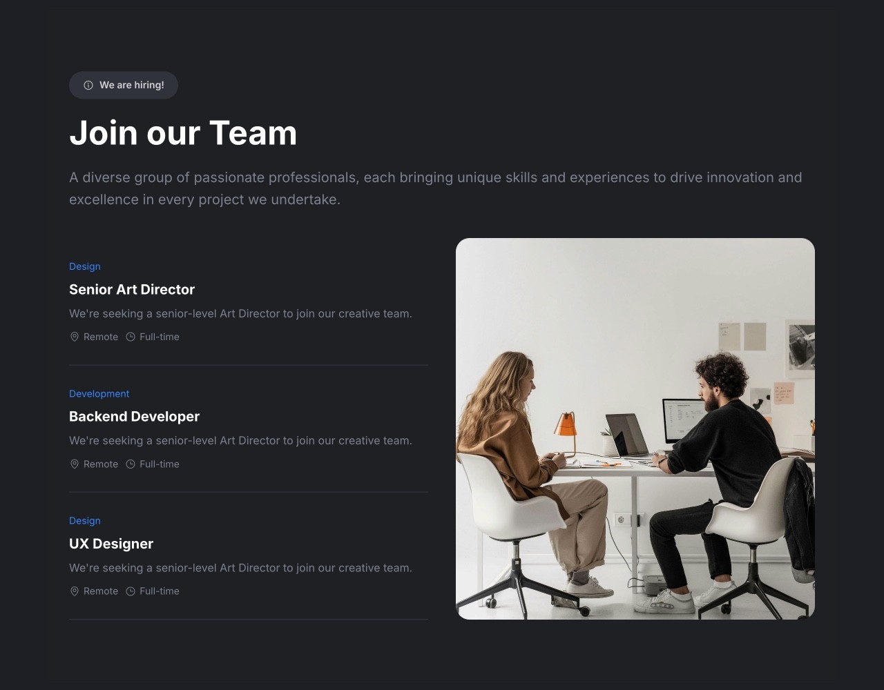 Framer Dark Career Jobs Section - Frameblox UI