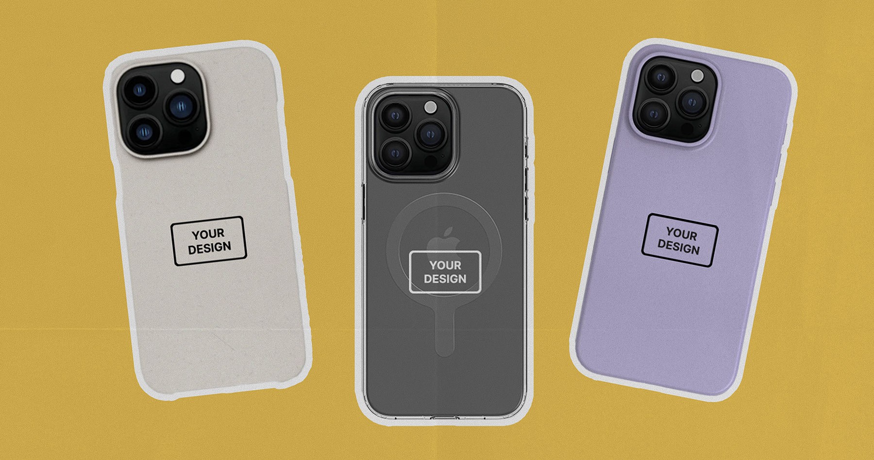 Custom branded phone cases for iPhone 15 Pro, showing various colors and MagSafe compatibility.