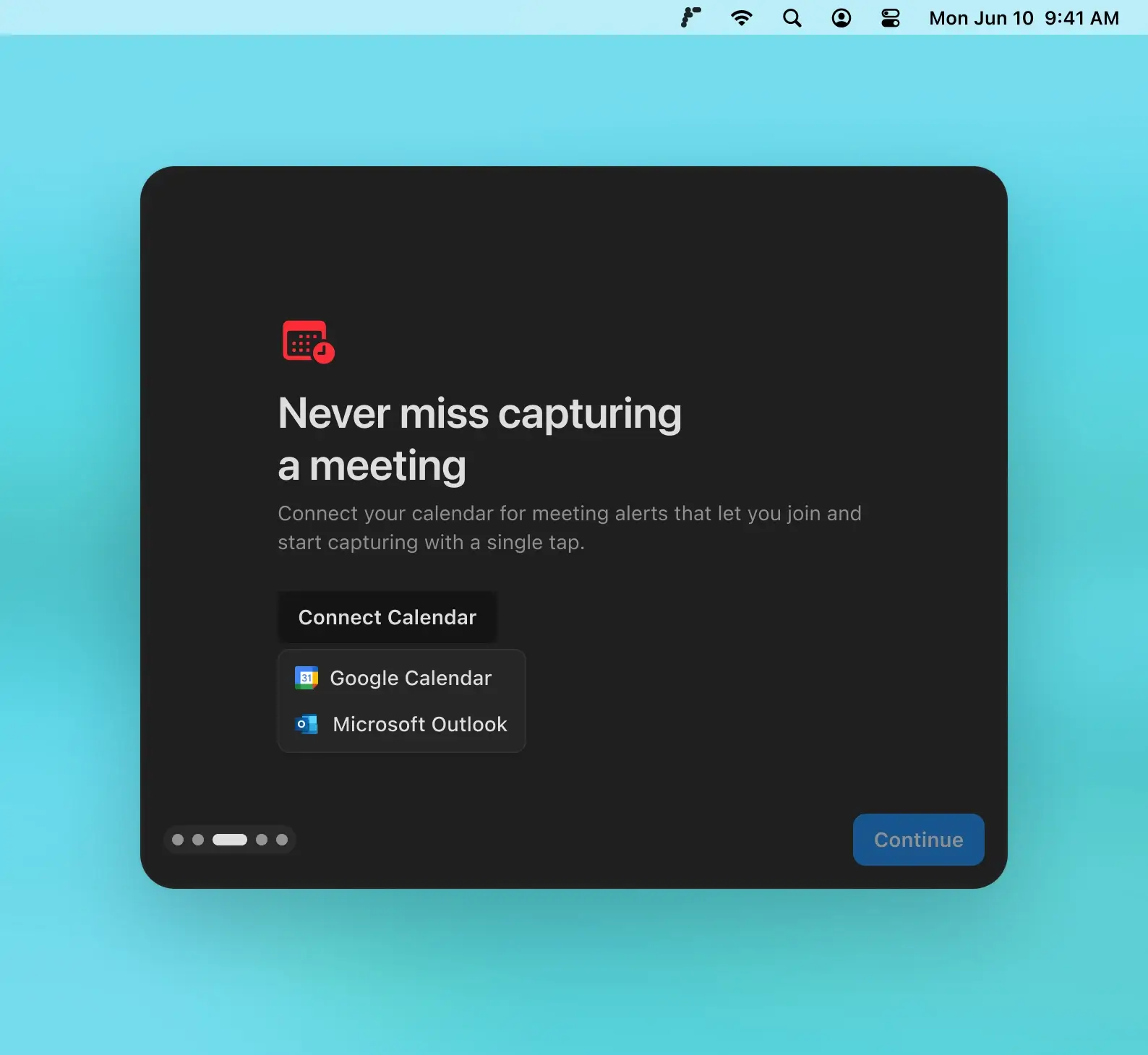 Radiant onboarding screen showing the ‘Connect Calendar’ step, highlighting that Radiant is free to use and customizes integrations, drafts, and meeting reminders based on your calendar and job role.