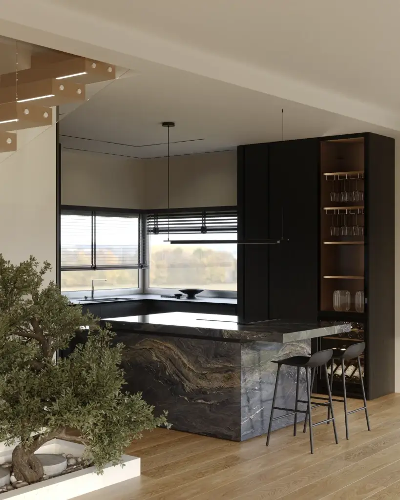 Dom w Chęcinach – kuchnia z kamienną wyspą, ciemne szafki i witryna na kieliszki, Studio Subtelności
