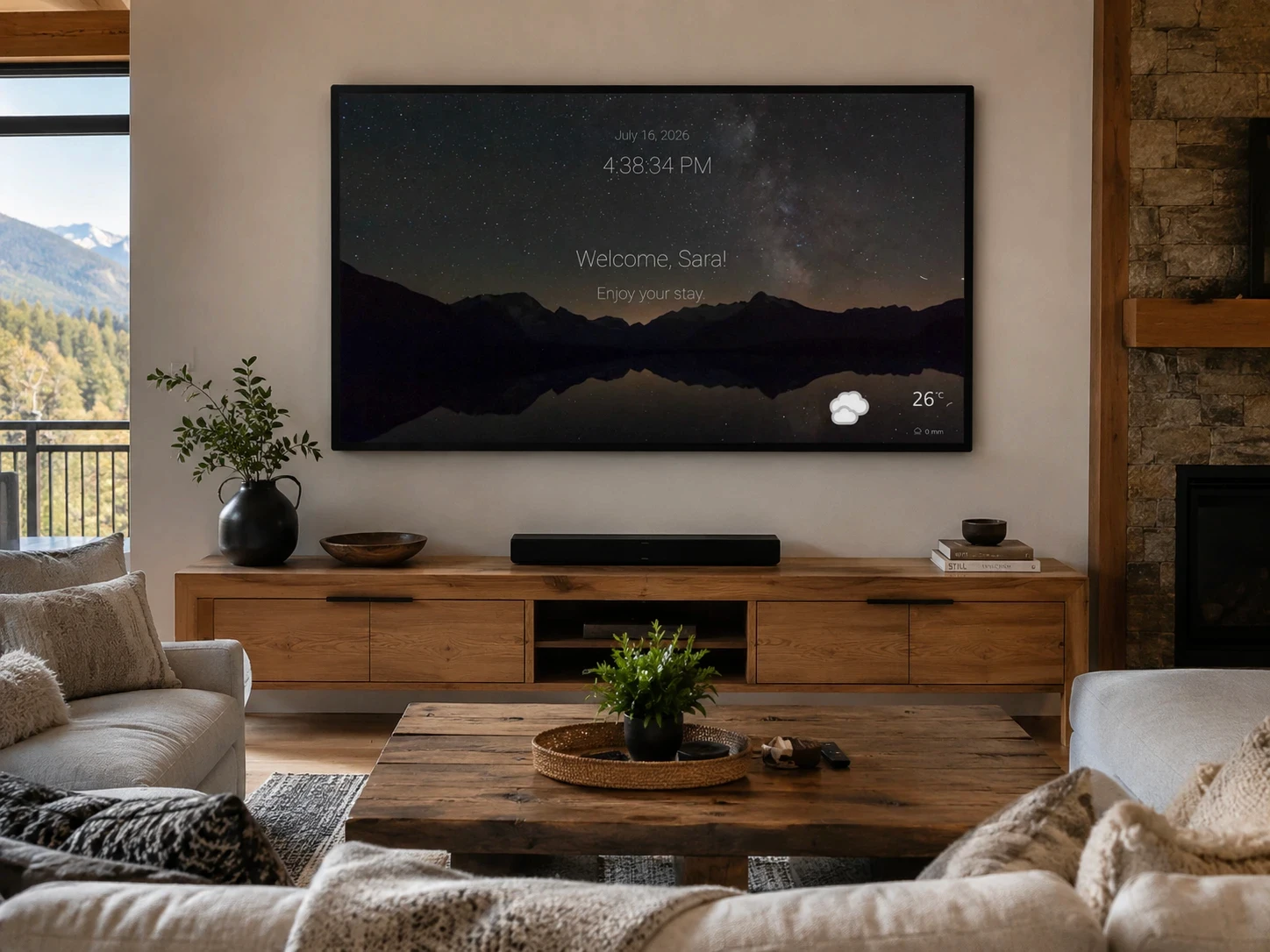 Smart TV displaying a personalized Airbnb welcome screen with weather forecast, recommendations, QR codes, and guest information.