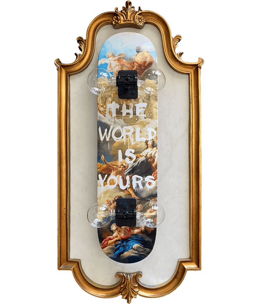 cinderella slipper resting on top of a gilded wall sconce over a star patterned backdrop in a gillded ornate frame