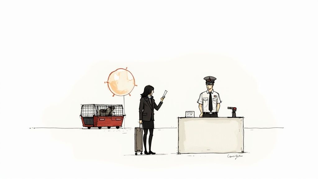 A woman with a pet in a carrier, a balloon, and luggage awaits check-in with a security guard.