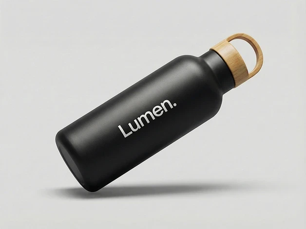 Black matte reusable water bottle branded Lumen with a bamboo lid on a clean neutral background
