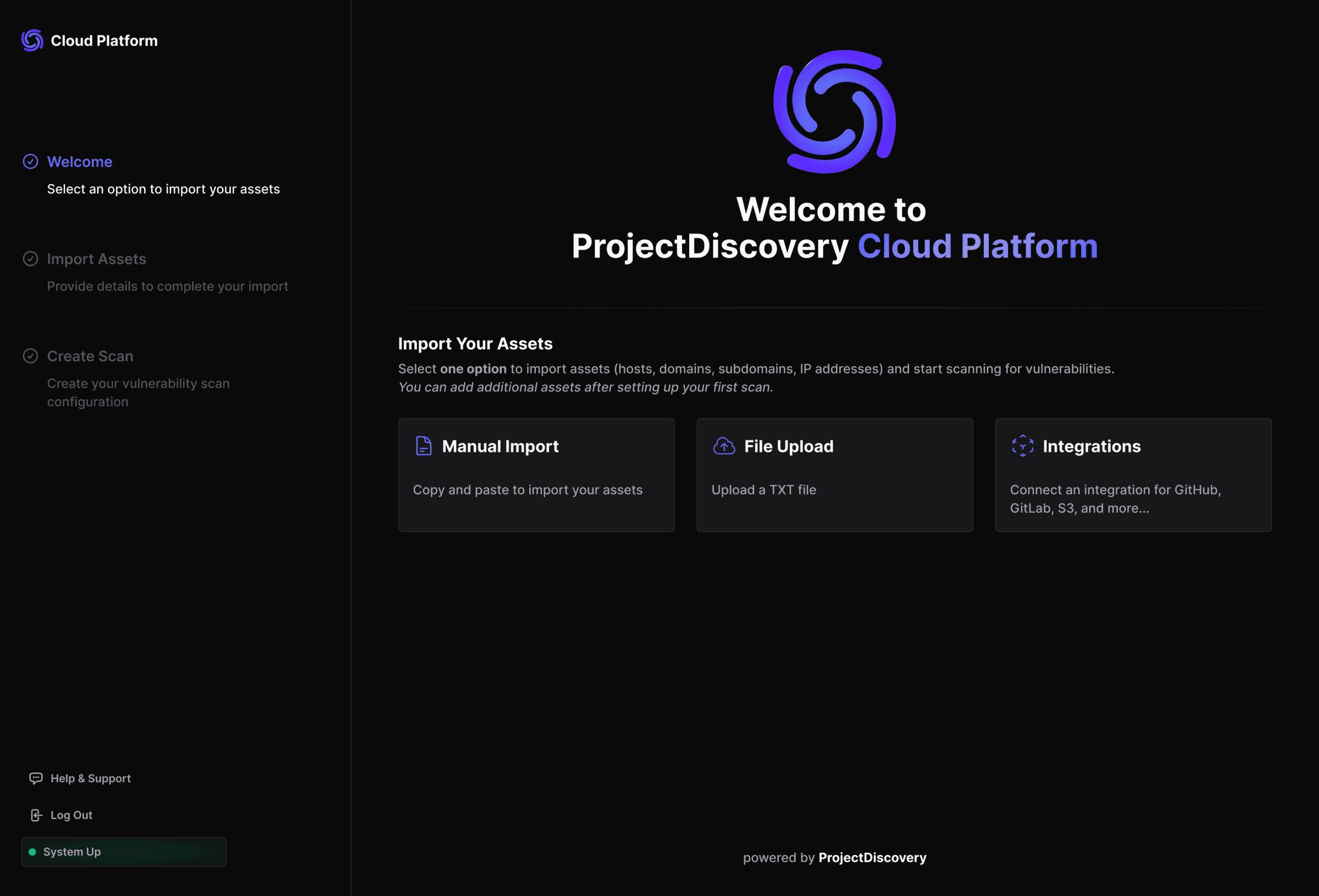 ProjectDiscovery onboarding screen within the cybersecurity platform welcomes users to the ProjectDiscovery Cloud. The interface features an onboarding process allowing users to import assets from various sources like GitHub, S3 bucket, GitLab, Google Cloud, among others. Users can opt for manual import or file upload. This inclusive onboarding screen enables easy integration and asset importation for streamlined vulnerability workflows, as mentioned previously with features encompassing vulnerability assessment and remediation."