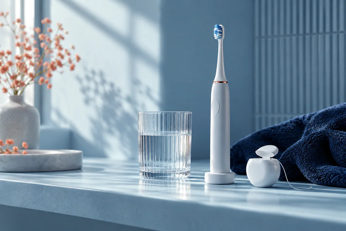 Electric toothbrush, floss and a glass of water on a pale shelf