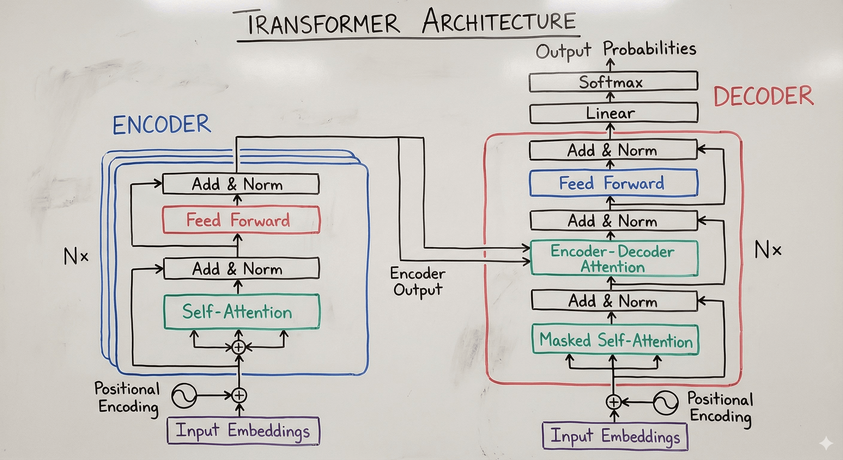 Summarize the concept of 'Transformer Neural Network Architecture' as a hand-drawn whiteboard diagram suitable for a university lecture. Use different colored markers for the Encoder and Decoder blocks, and include legible labels for 'Self-Attention' and 'Feed Forward'.