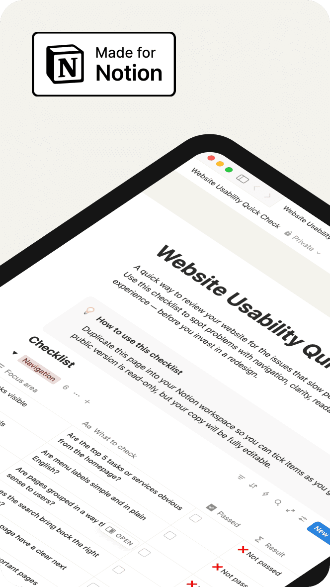 Notion checklist showing website usability checks for navigation, content clarity, accessibility and mobile.