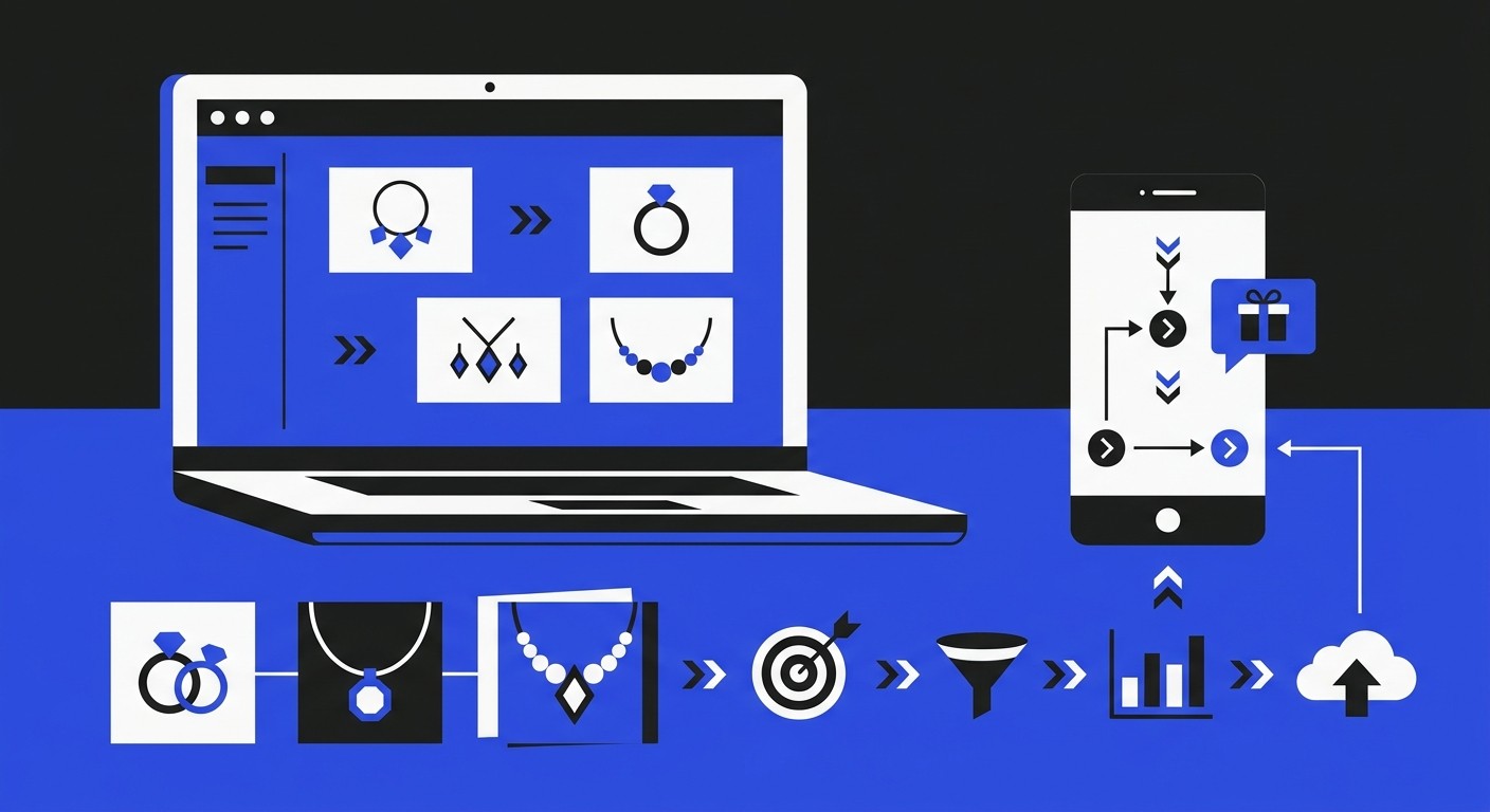 A polished ecommerce workspace featuring a laptop with an online jewelry storefront open, a smartphone showing a promotional