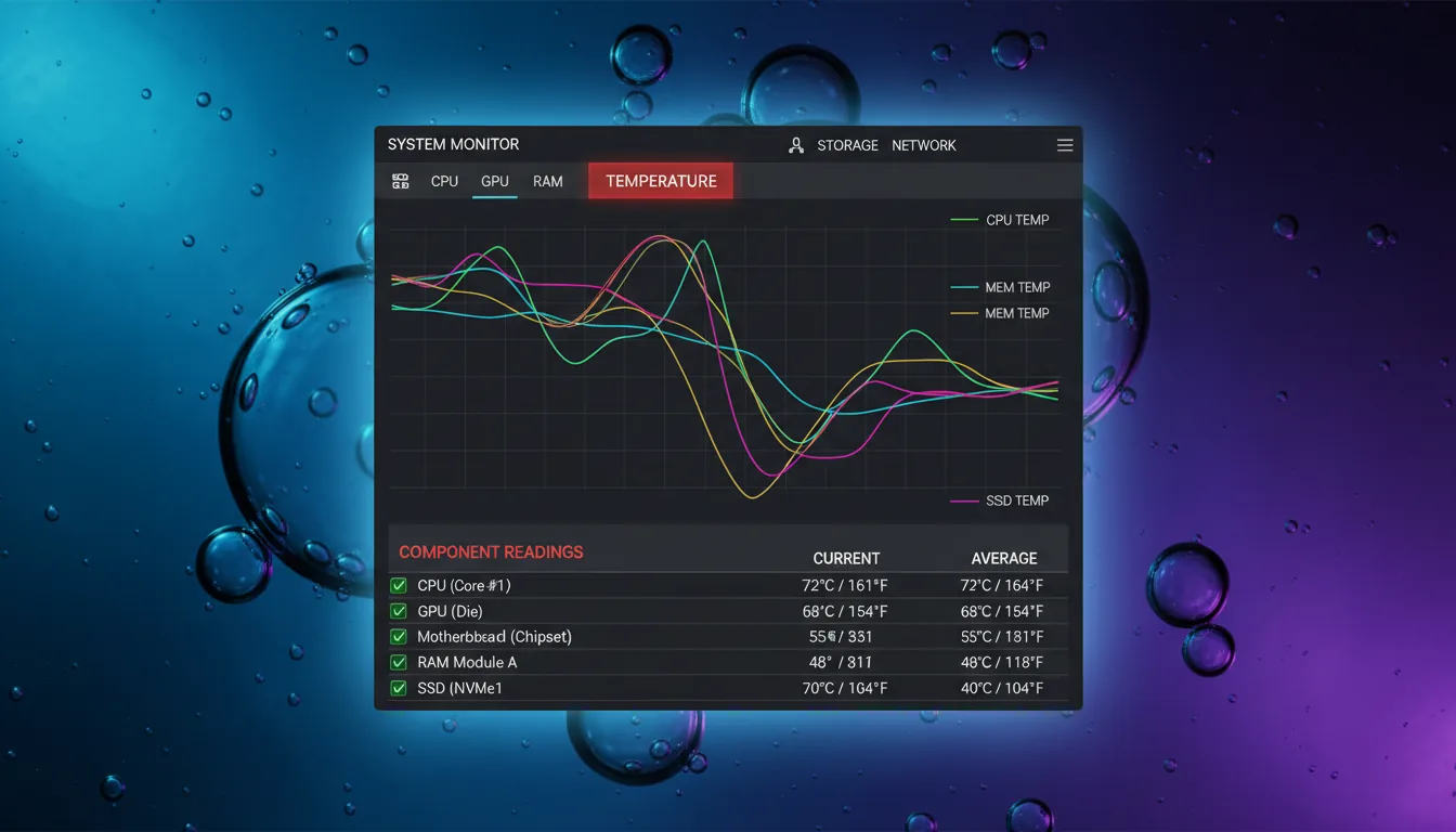 A modern dark mode hardware monitoring software interface, showing a system temperature dashboard. The UI features a top navigation bar with icons, with the 'Temperature' tab highlighted in vibrant red. The main view is dominated by a large, complex line graph on a dark gray grid, plotting multiple colorful data lines in green, light blue, pink, and yellow. Below the graph is a detailed data table with a red header, showing rows of system components with checkmarks and placeholder numerical values. The application window is displayed over a vivid blue abstract desktop wallpaper with a macro view of glowing water bubbles.