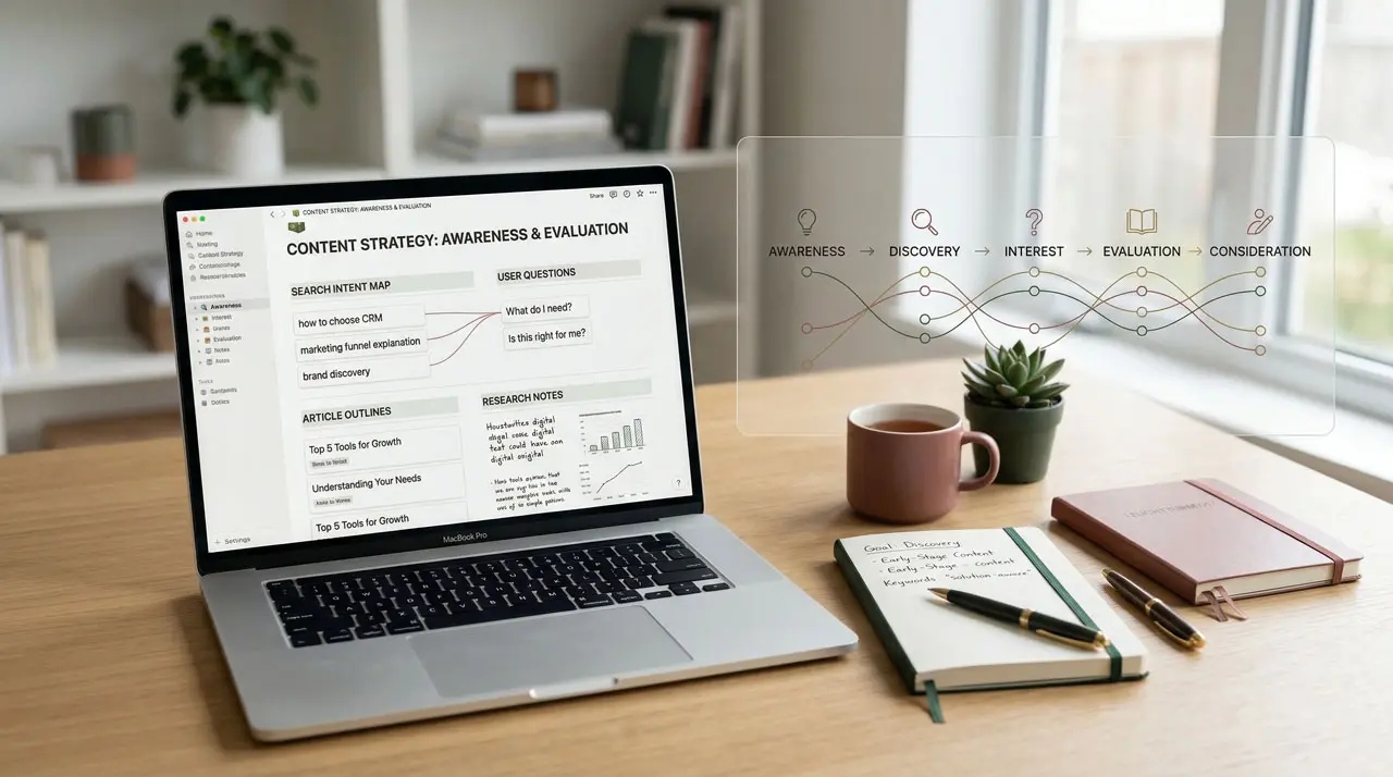 Espacio de trabajo con laptop y notas organizadas que representan investigación y contenido para atraer usuarios.