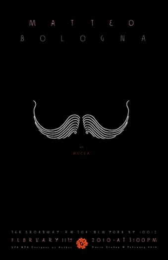 A poster of a white moustache like design on a black background.