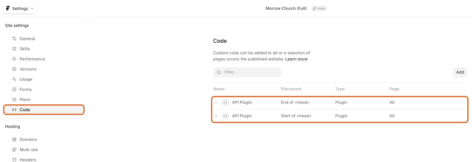 Framer Settings, Code section with two API Plugin entries