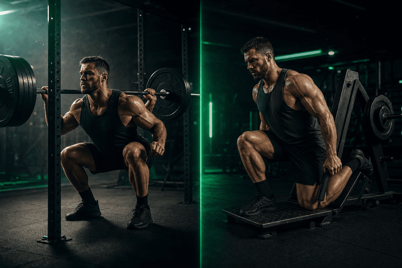 Split-screen comparison of a heavy barbell back squat and a single-leg unilateral movement with green accent lighting