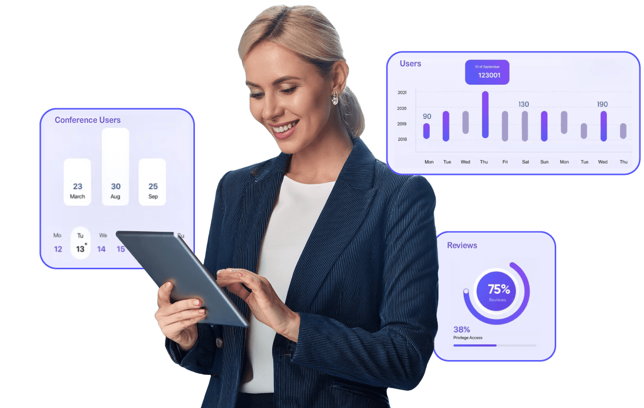 Female Hotel manager in grey suit smiling using a tablet – with three purple internet statistic UI tables behind her