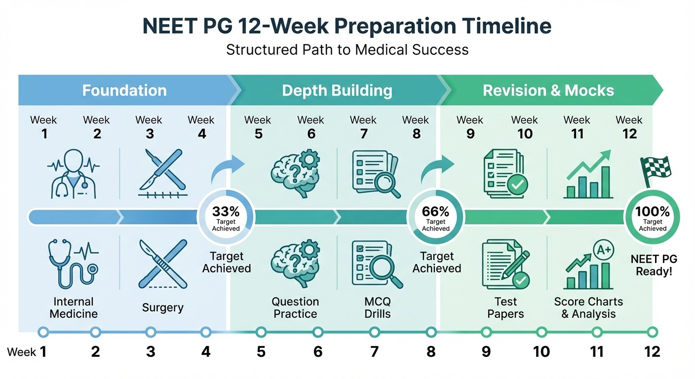 12-week NEET PG study timeline showing foundation, depth building, and revision phases