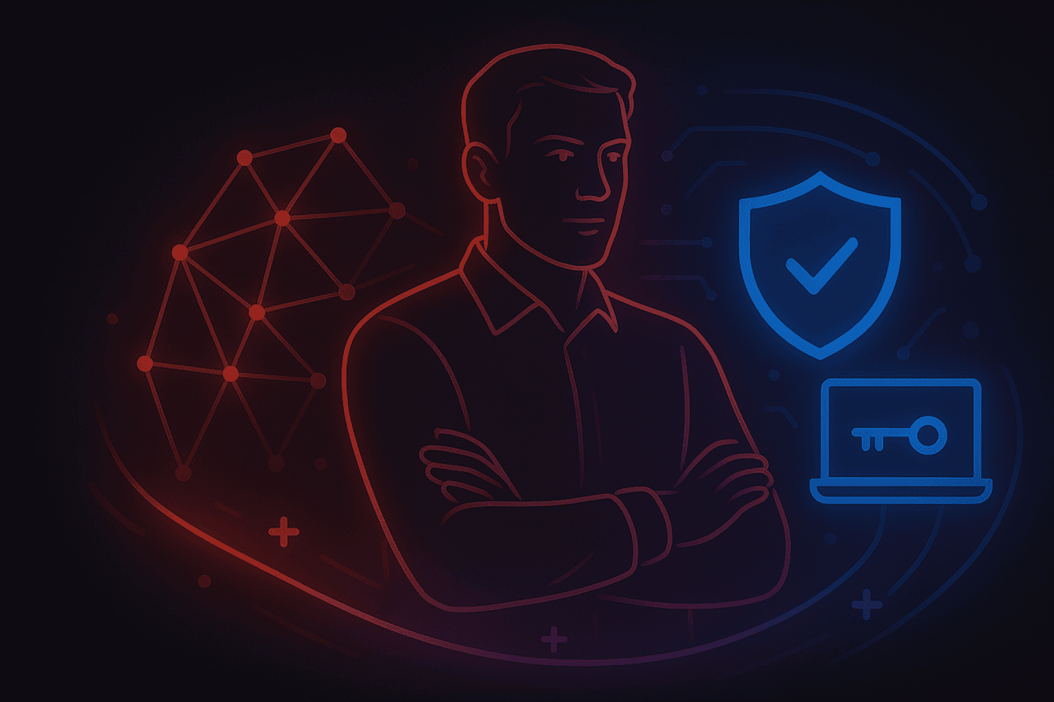 Channel partner illustration showing a security professional alongside a digital shield and secure laptop, representing MSSPs and compliance consultants.