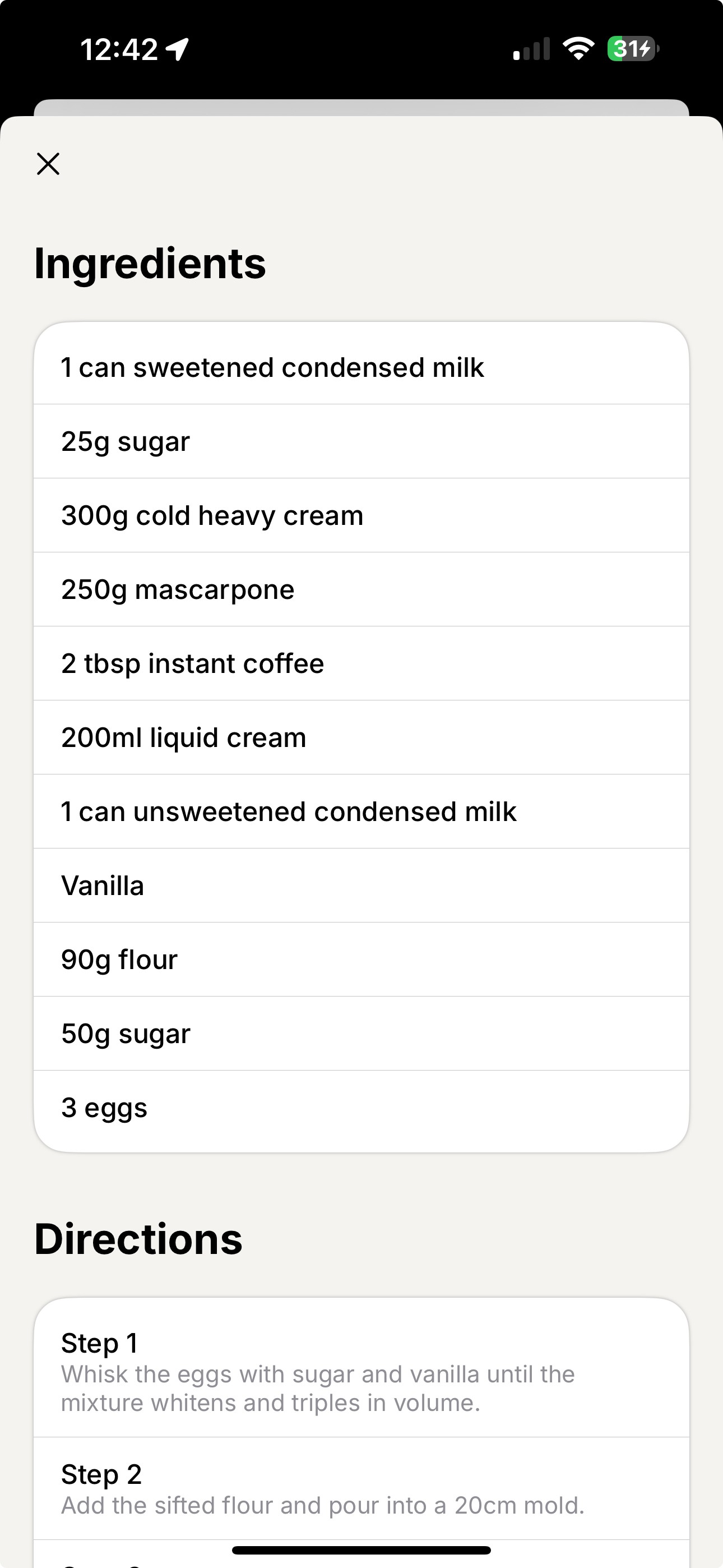 A mobile phone displaying a recipe in the Gem app, with a list of ingredients including condensed milk, sugar, and mascarpone. The text beside it reads, 'Gem automatically pulls all the relevant information from a TikTok or Reel and saves it in the right format, making everything searchable.'