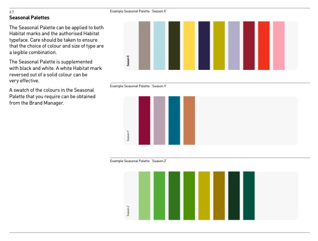 Brand book d'Habitat, 2002 : Deux palettes : une fixe, et des palettes qui changent avec les saisons.