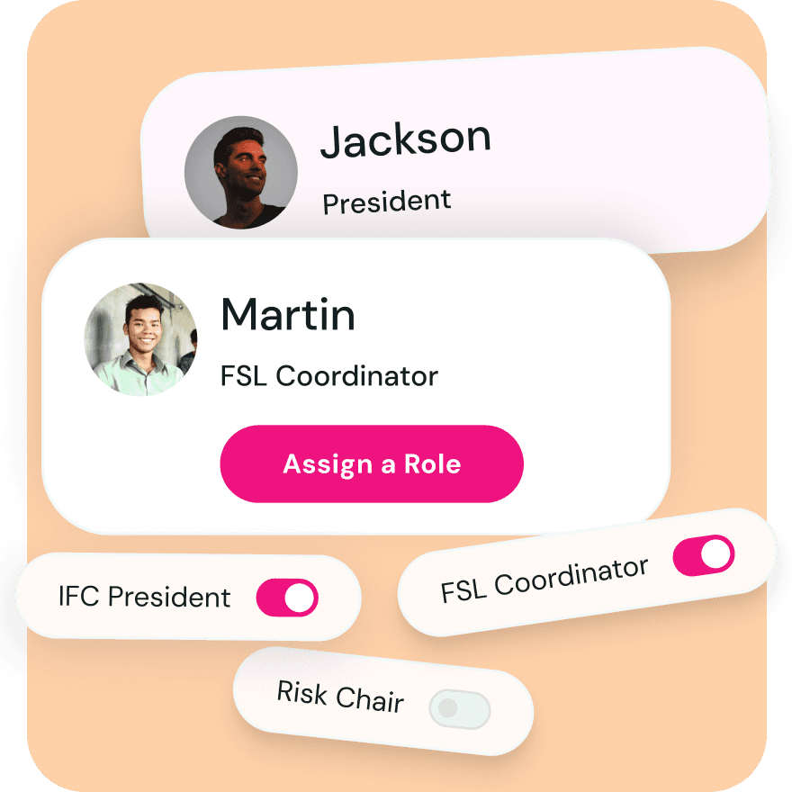 Lounge roster management interface displaying officer roles and chapter leadership assignments across fraternity and sorority councils