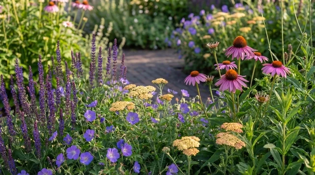 Kleurrijke bloemen en planten langs een stenen pad in een tuin. Perfecte omgeving voor natuurvintage.