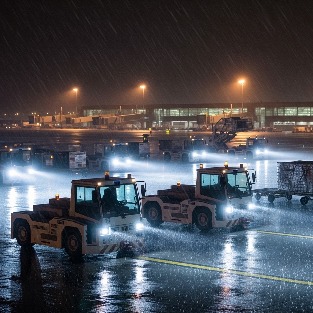 Autonomous ground support vehicles operating in the rain at night.