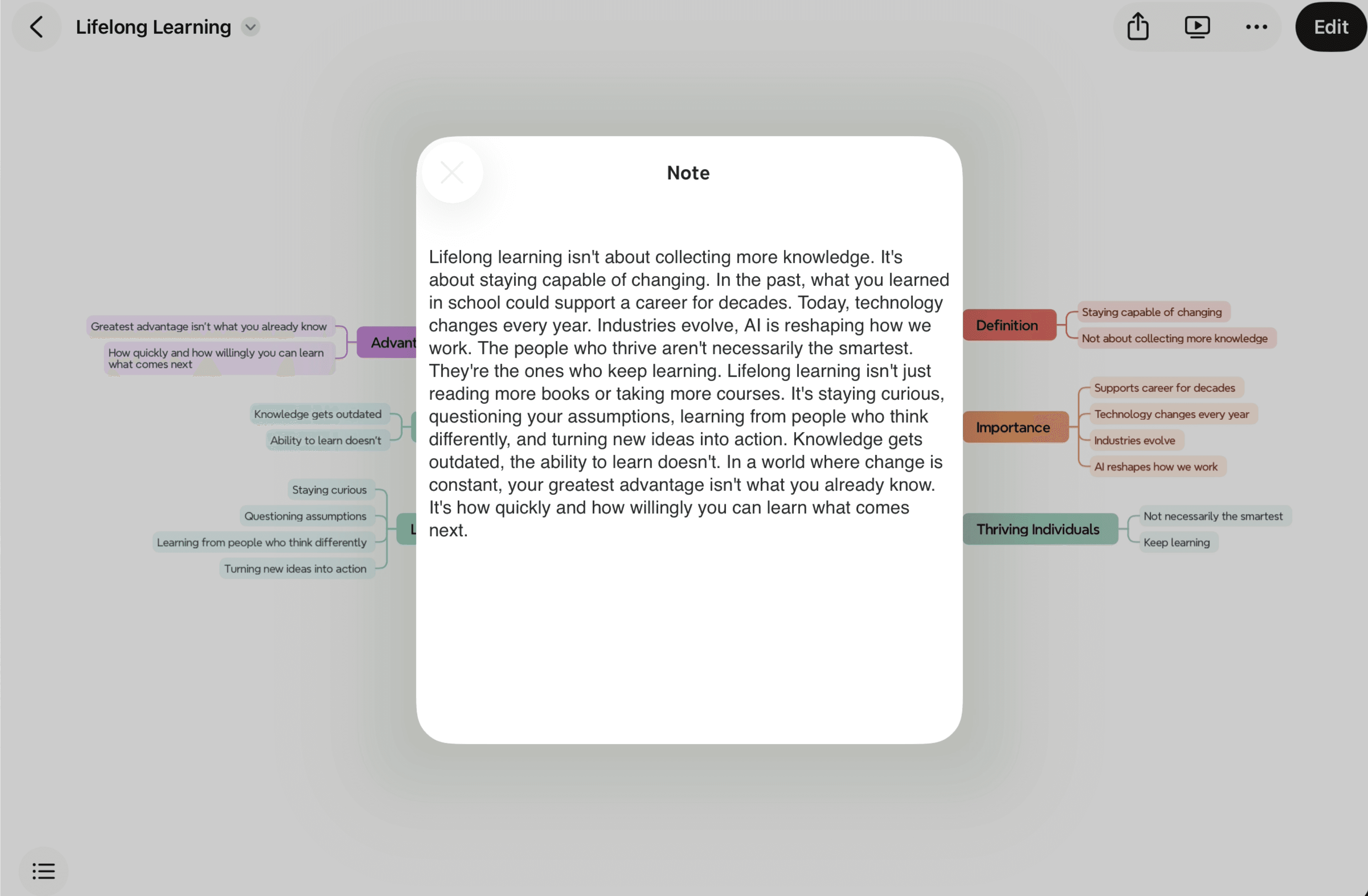 Generated mind map with a central topic note containing the original recording transcript.