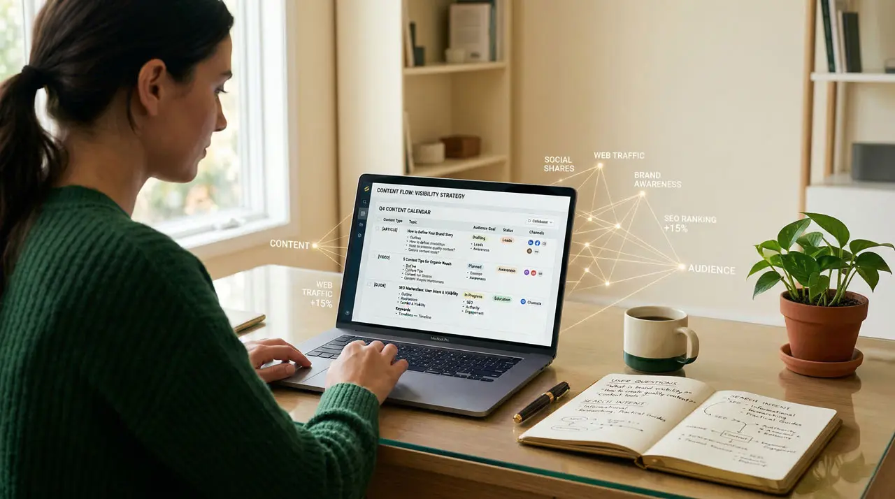 Laptop y notas organizadas que muestran planificación de contenido para atraer usuarios en la fase de conciencia.