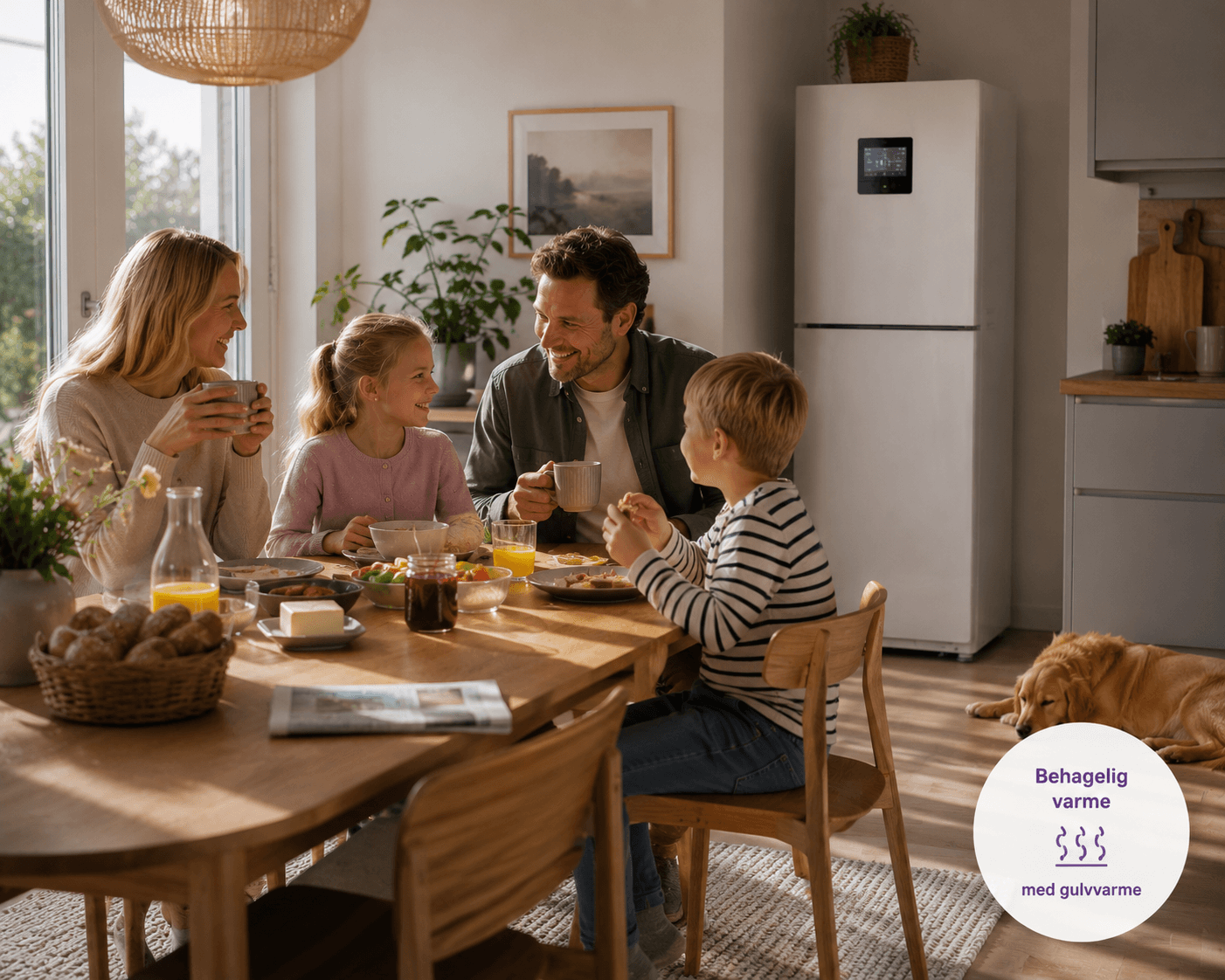 Familie i hjemmet, hvor varmepumpeservice giver tryghed i hverdagen