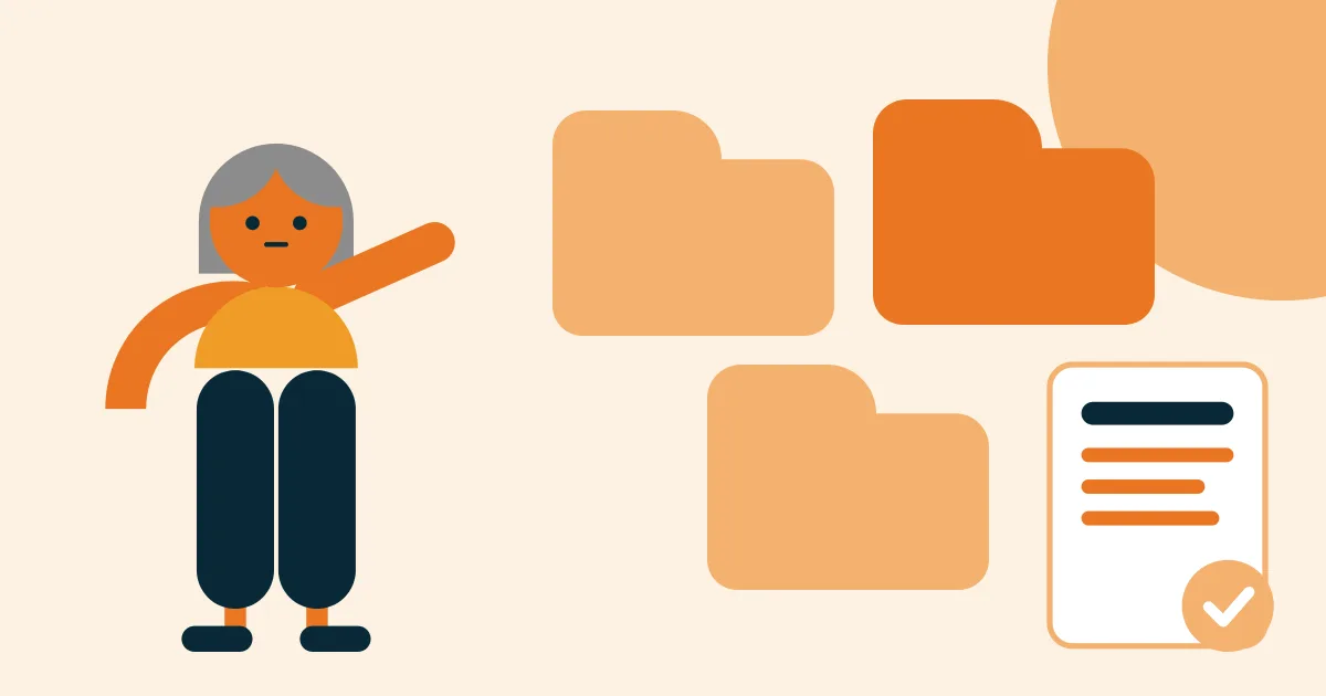 Ilustração de uma pessoa diante de três pastas e uma lista com marca de verificação, em tons de laranja, pêssego e azul-marinho.